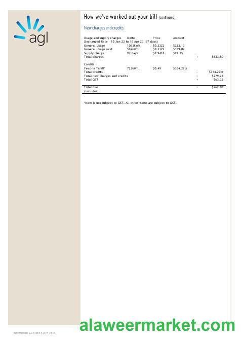 Australia AGL electricity account energy utility bill Word and PDF formats